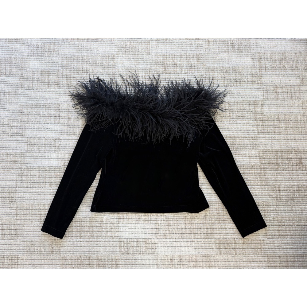 Cachet Black Velvet Off Shoulder Top Ostrich Feather Trim Long Sleeve XL 8305